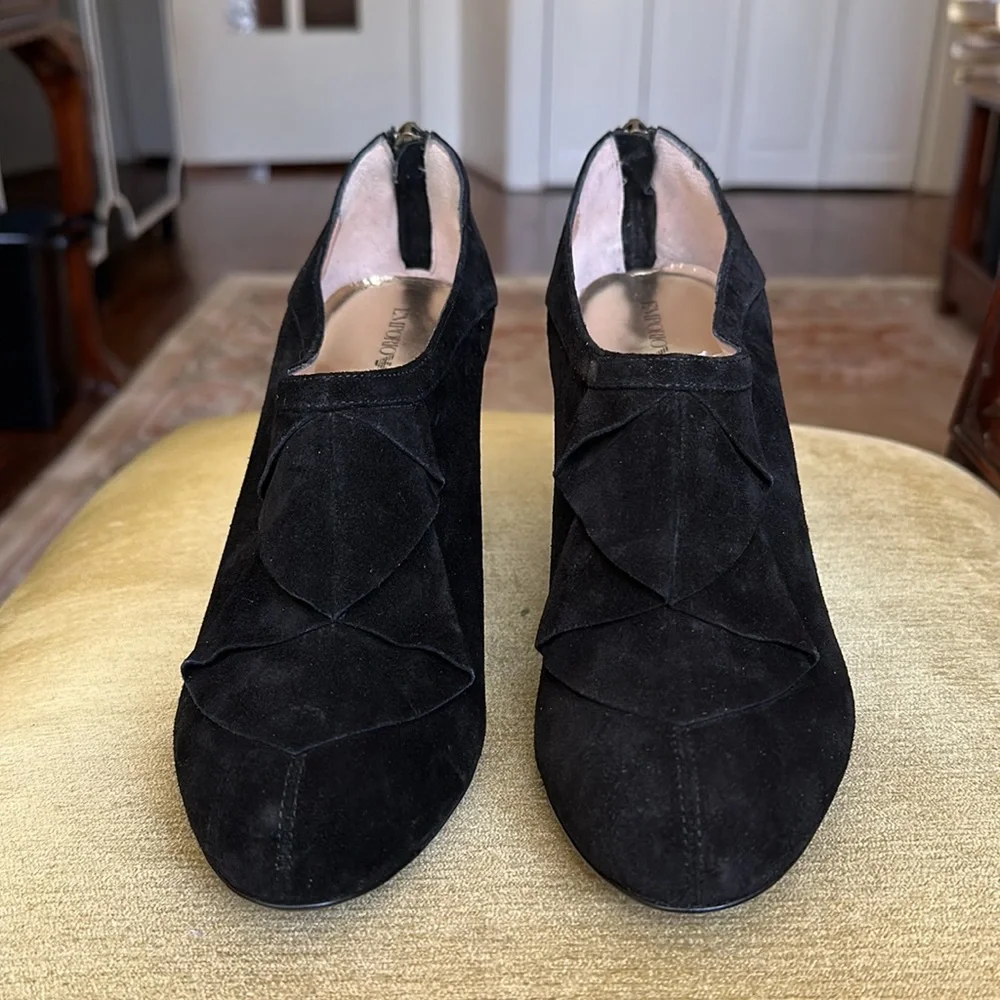 Emporio Armani Black Suede Wedge Booties with Ruffle and Back Zip EUR 40 US 9.5